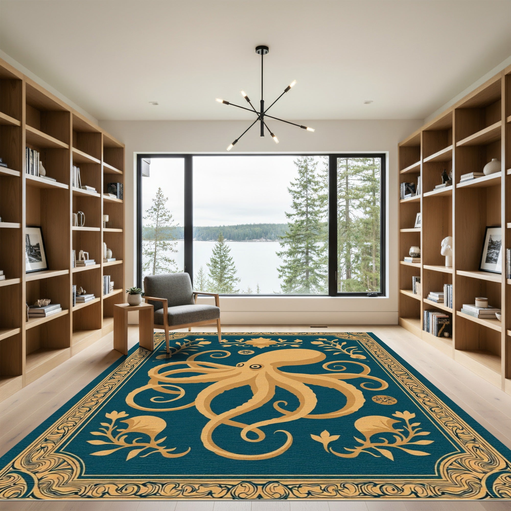 Golden Octopus Teal Floral Border Rug