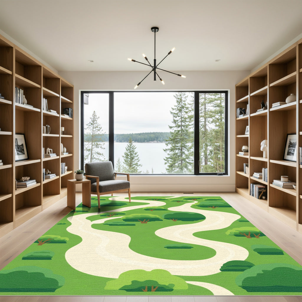 Green Hillside Winding Path Trees Rug