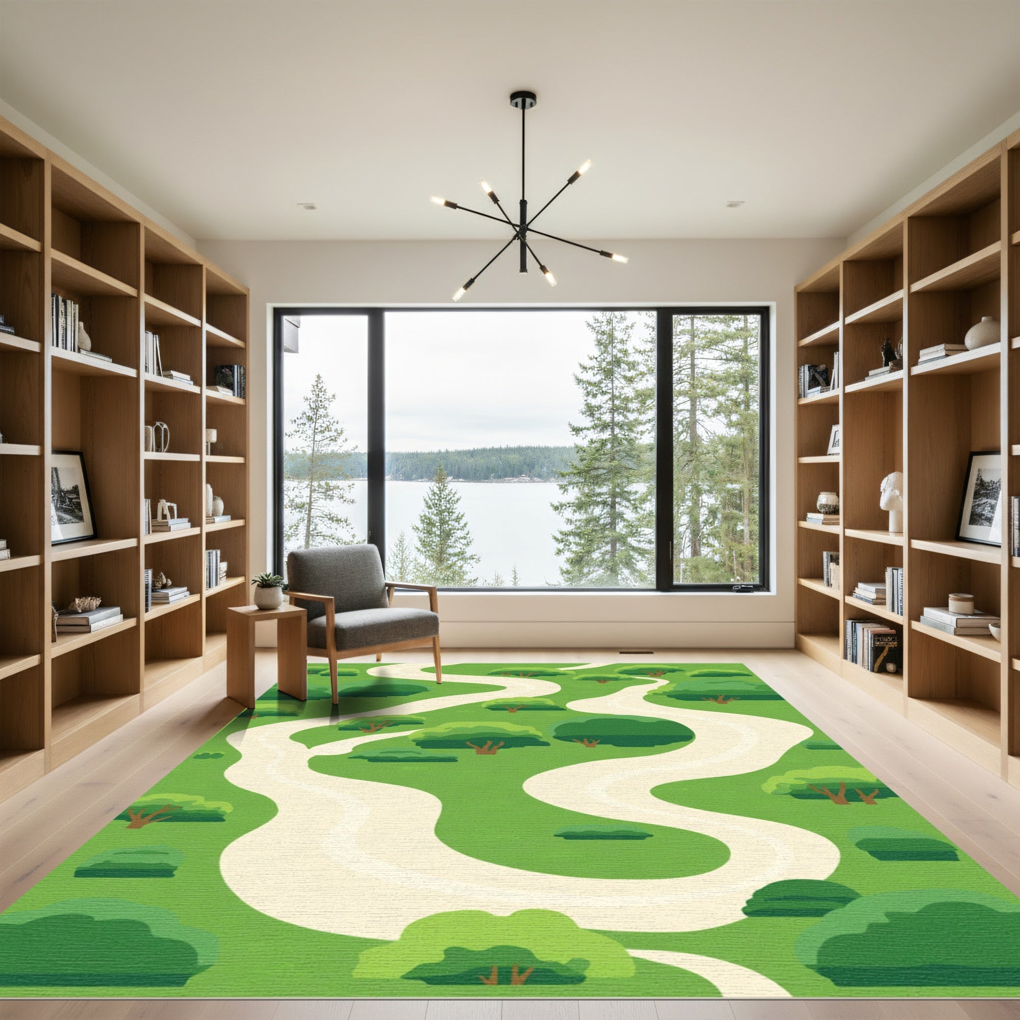 Green Hillside Winding Path Trees Rug
