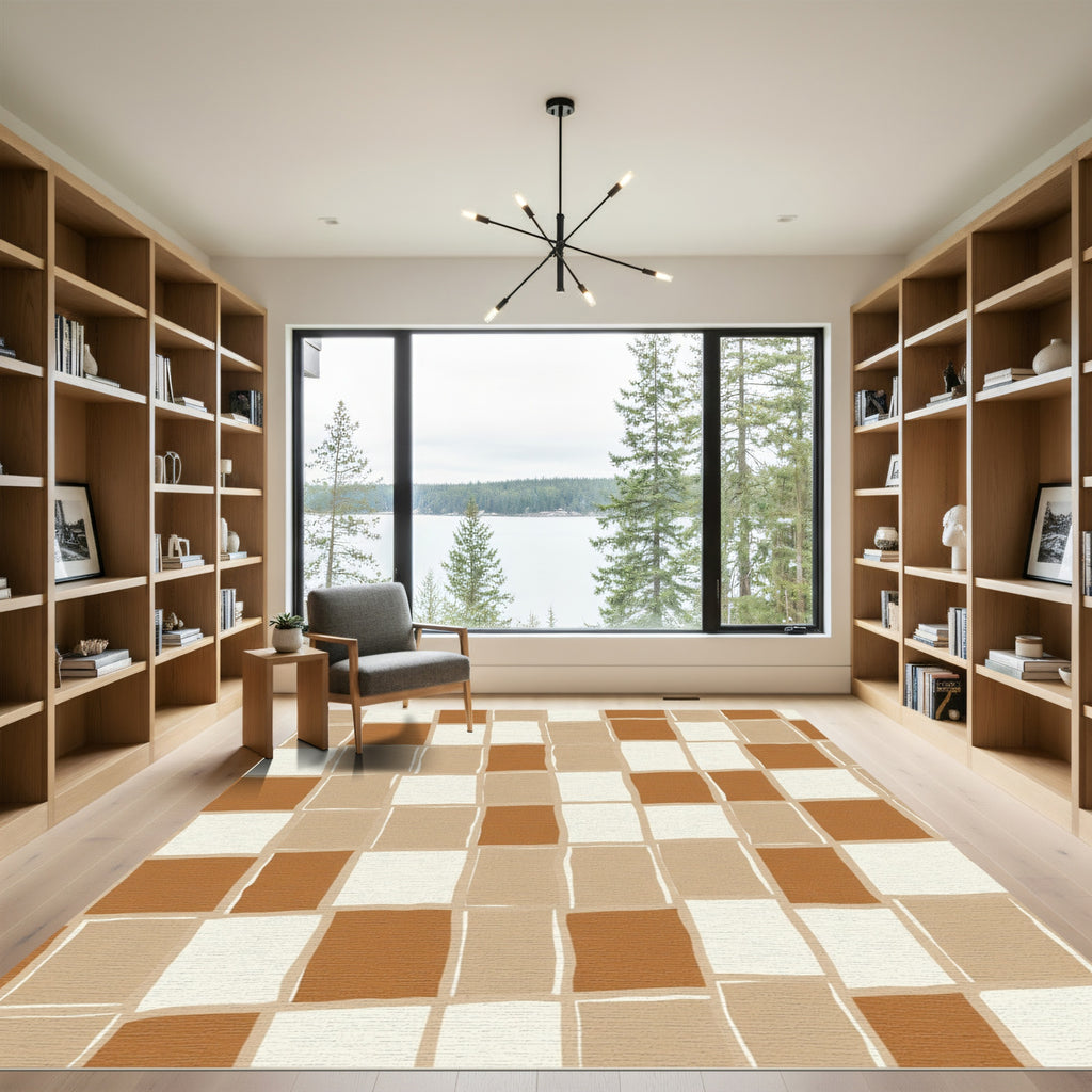 Earthy Brown Tones Checkerboard Squares Rug