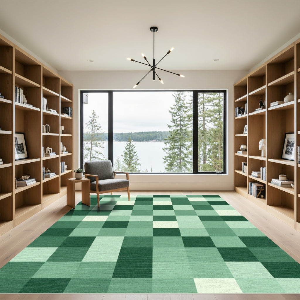Verdant Forest Green Pixel Squares Rug