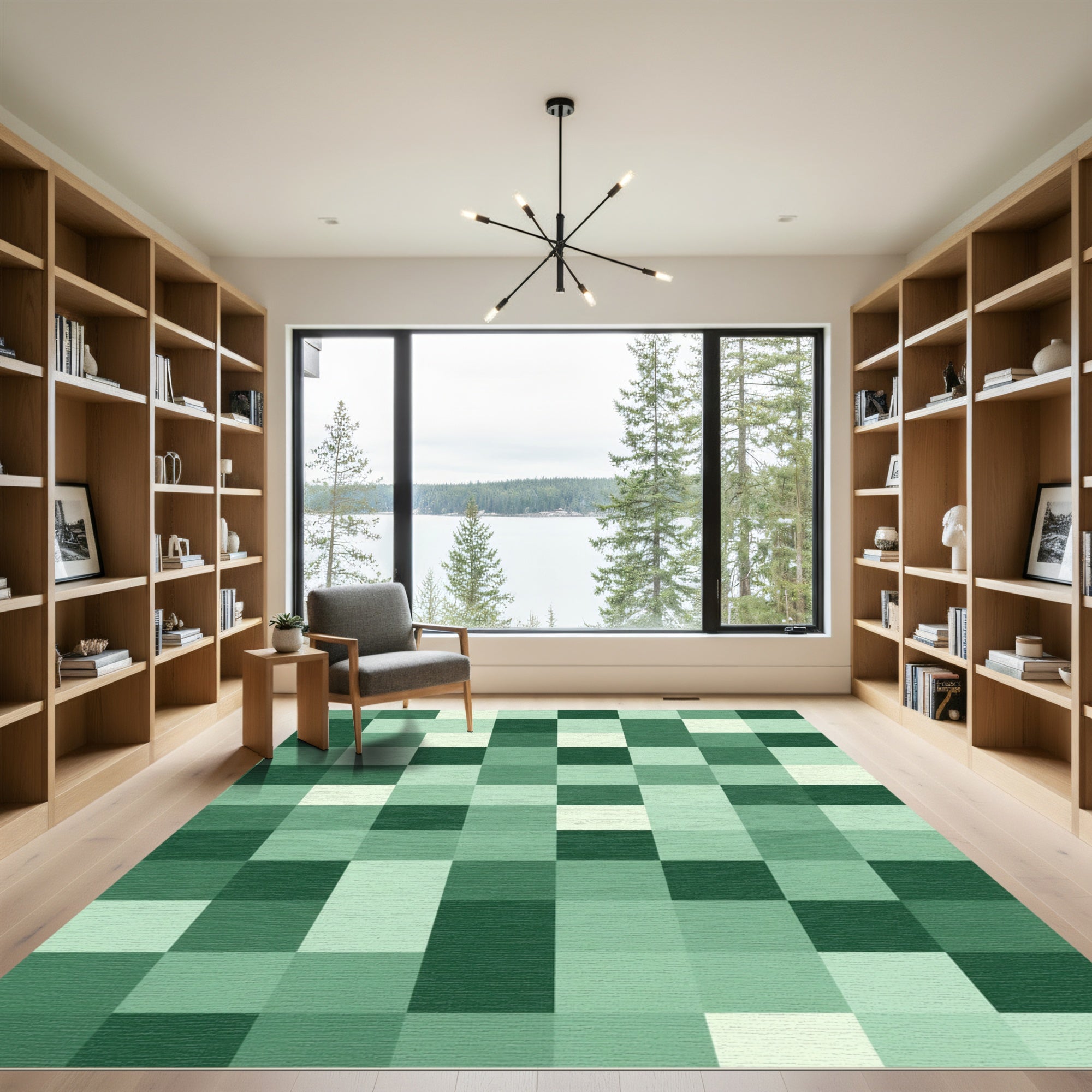 Verdant Forest Green Pixel Squares Rug