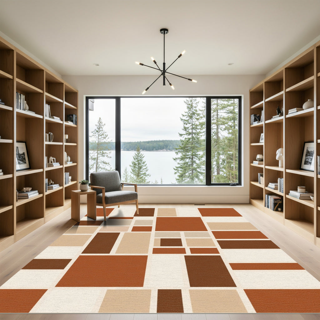 Terracotta Brown Cream Geometric Rectangles Rug