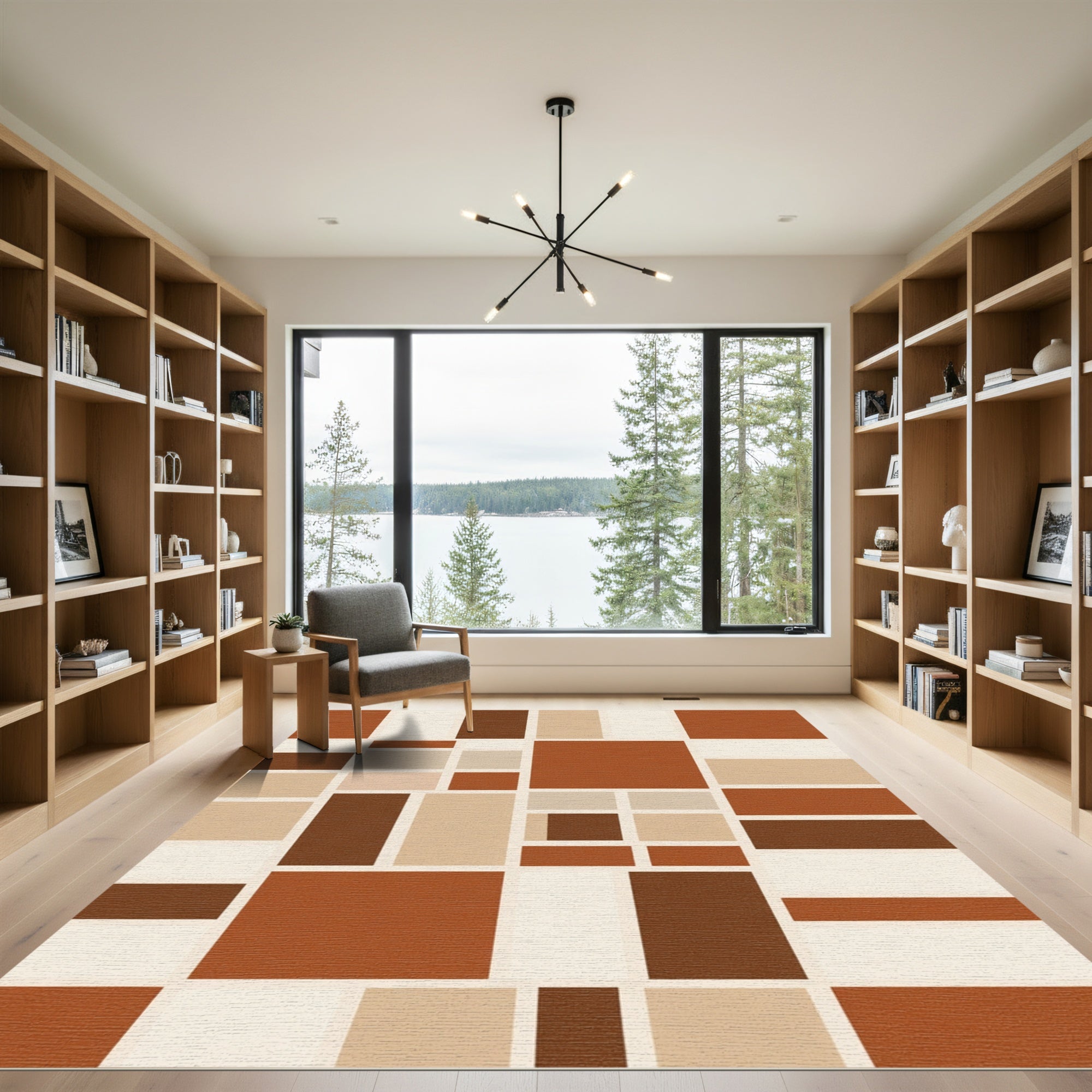 Terracotta Brown Cream Geometric Rectangles Rug