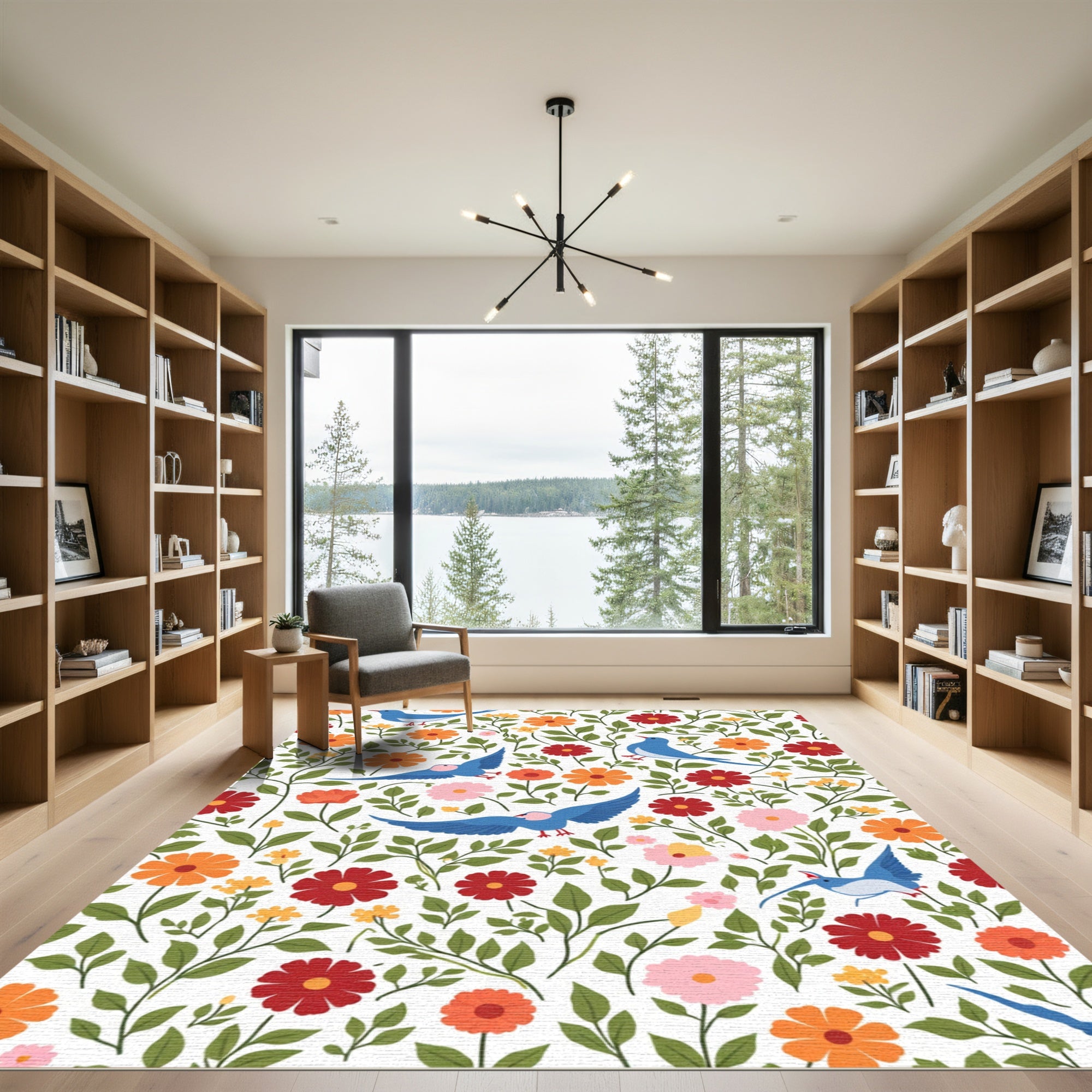 Blue Birds Among Colorful Garden Blooms Rug