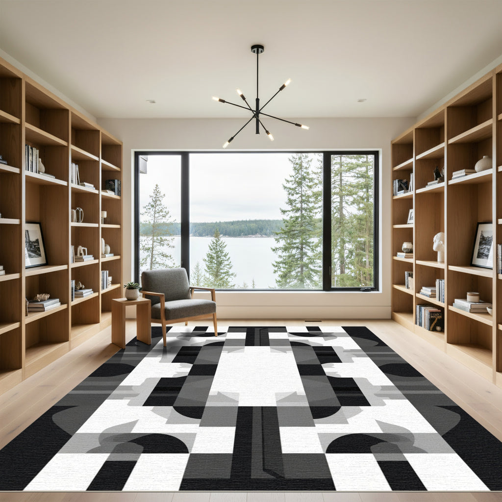 Modern Black White Geometric Collage Rug