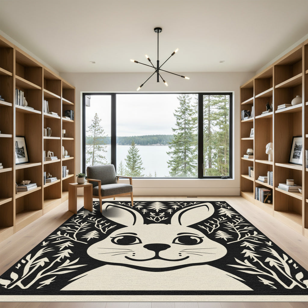 Whimsical Bunny Forest In Black Cream Rug