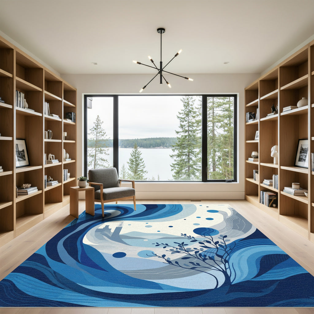 Deep Blue Abstract Coastal Tree Rug