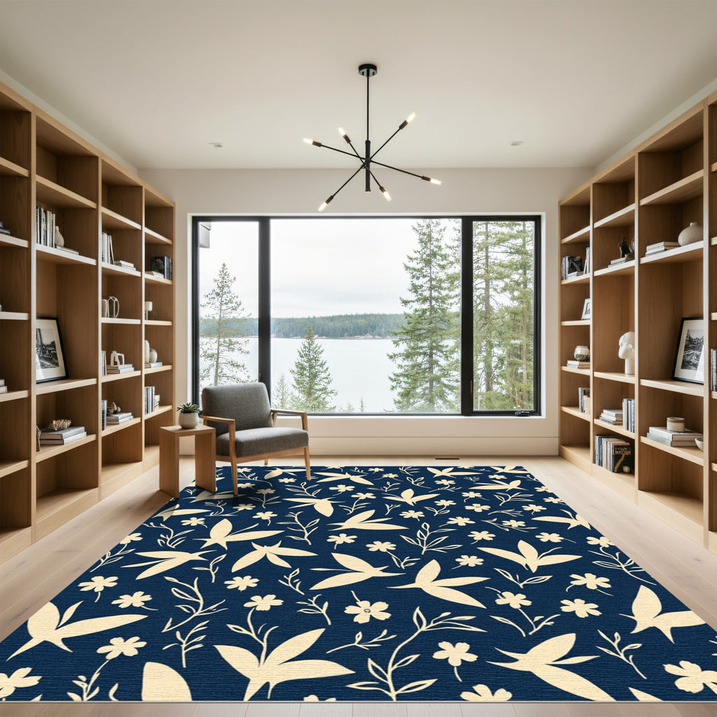 Cream Floral Birds Dark Blue Background Rug