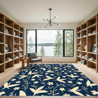 Cream Floral Birds Dark Blue Background Rug