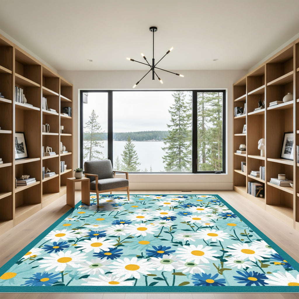 White Blue Daisy Meadow Garland Rug