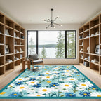White Blue Daisy Meadow Garland Rug