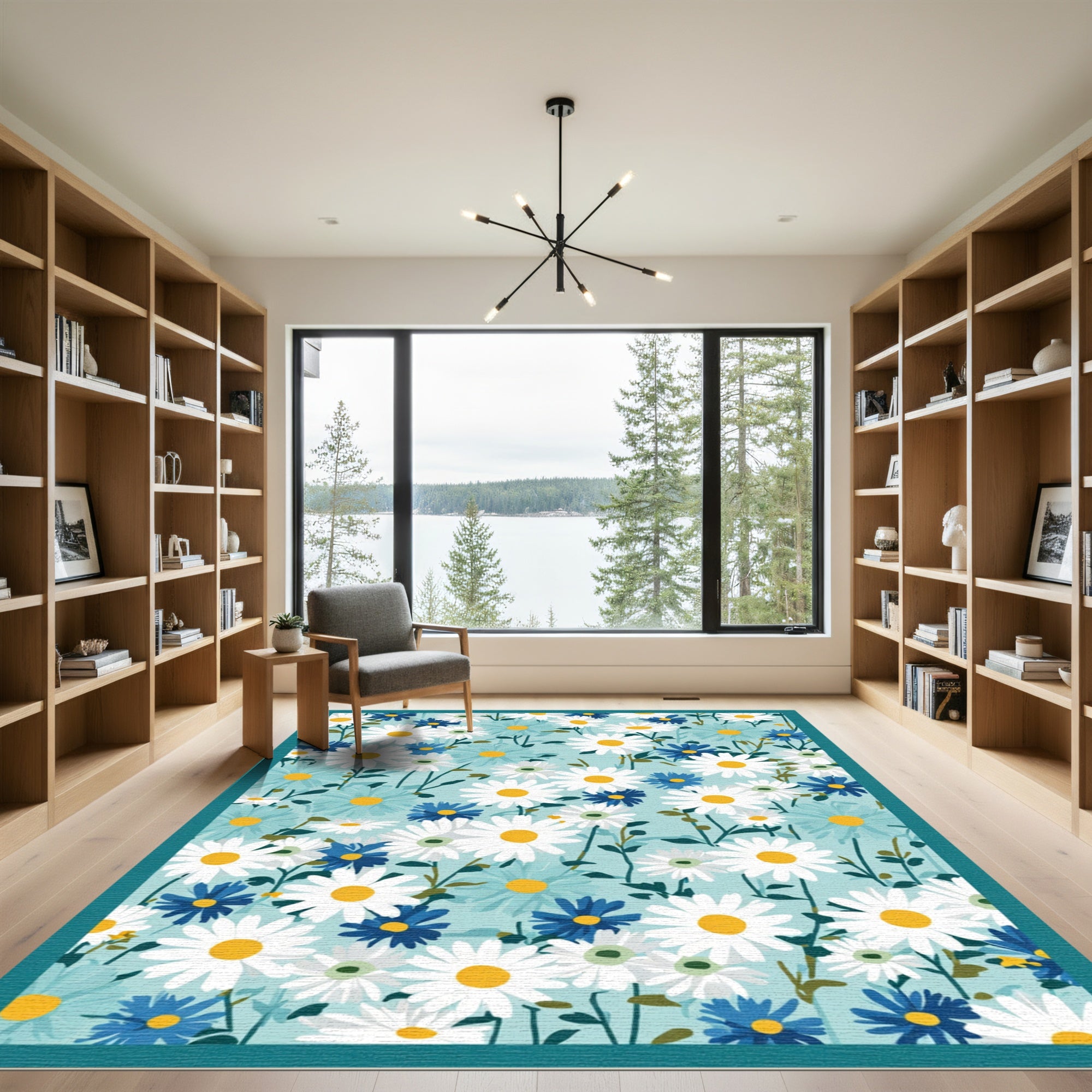 White Blue Daisy Meadow Garland Rug
