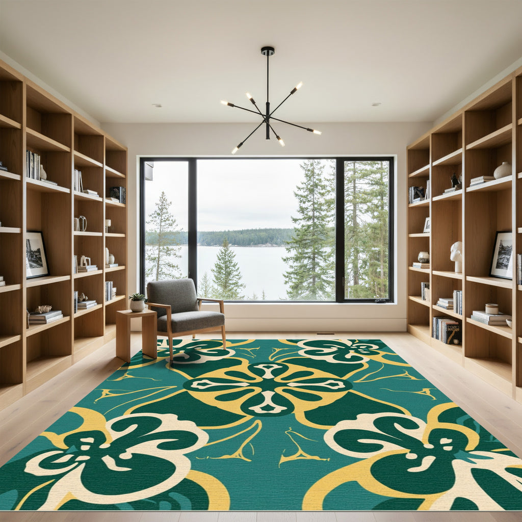 Teal Cream Yellow Floral Medallion Rug