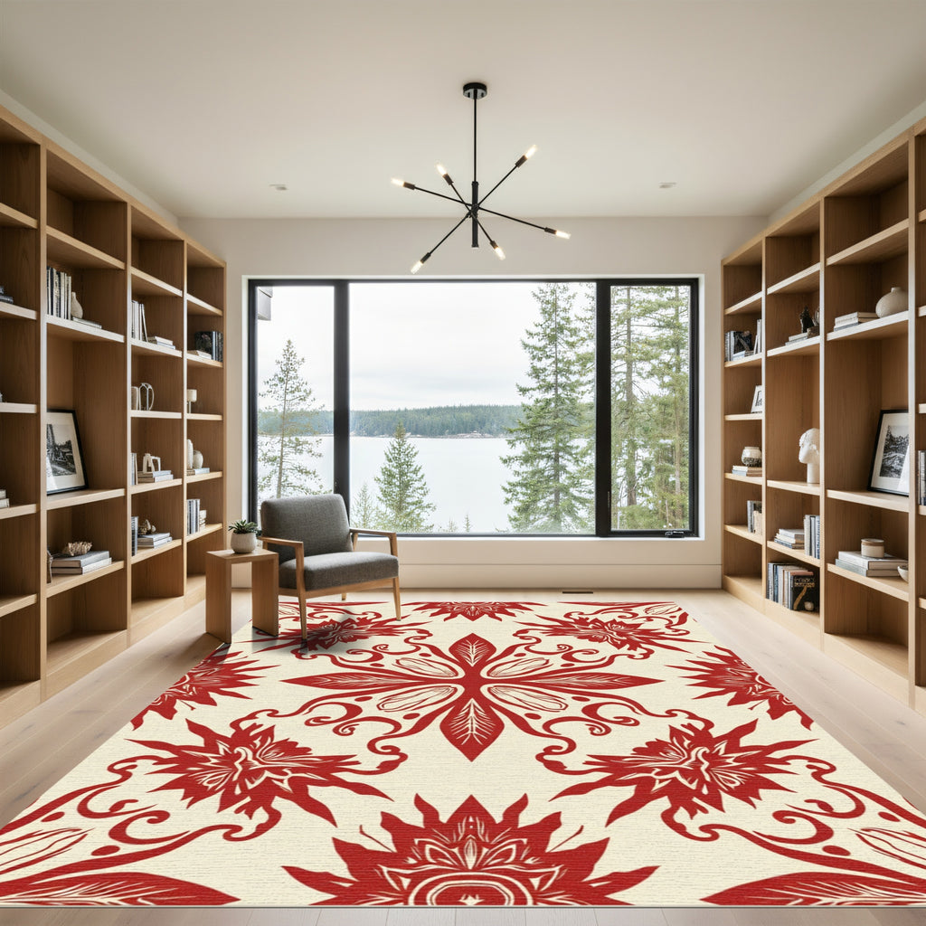Crimson Floral Swirl Symmetry Rug