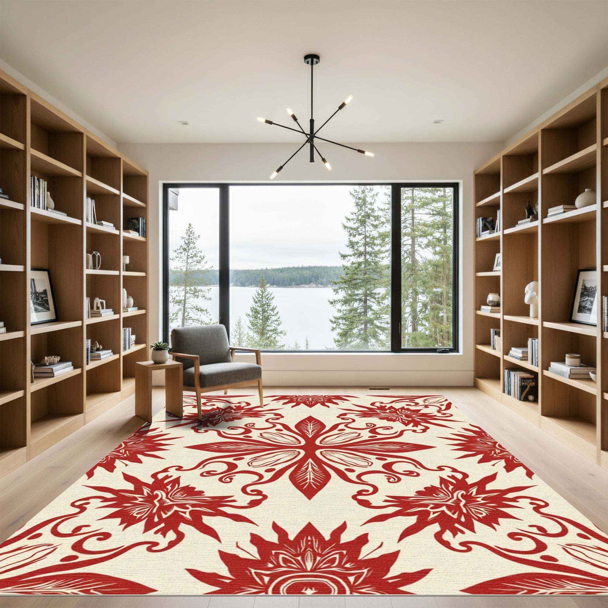 Crimson Floral Swirl Symmetry Rug