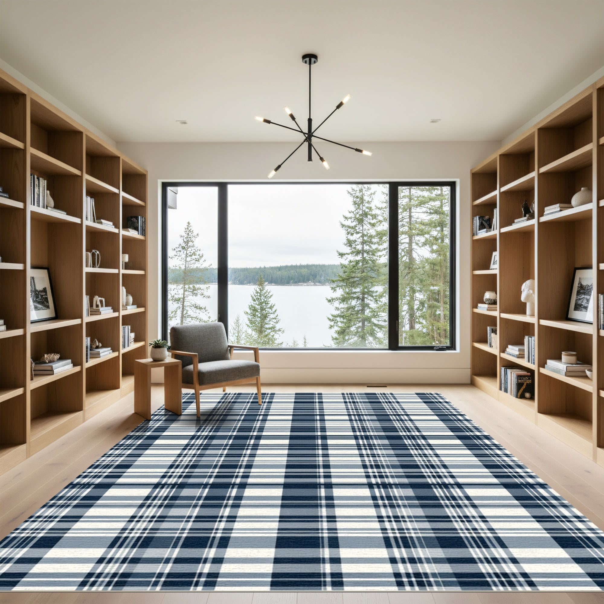 Classic Navy Cream Plaid Grid Rug