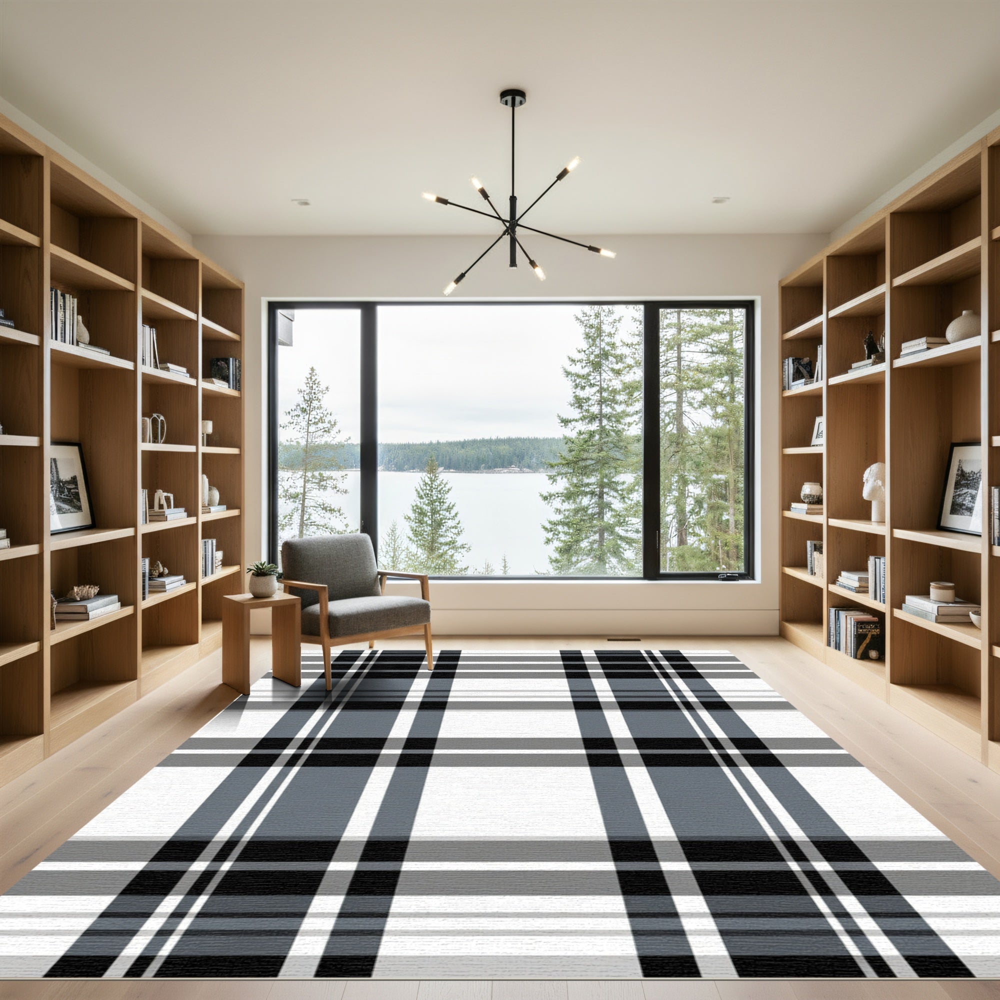 Classic Black Gray Windowpane Plaid Rug