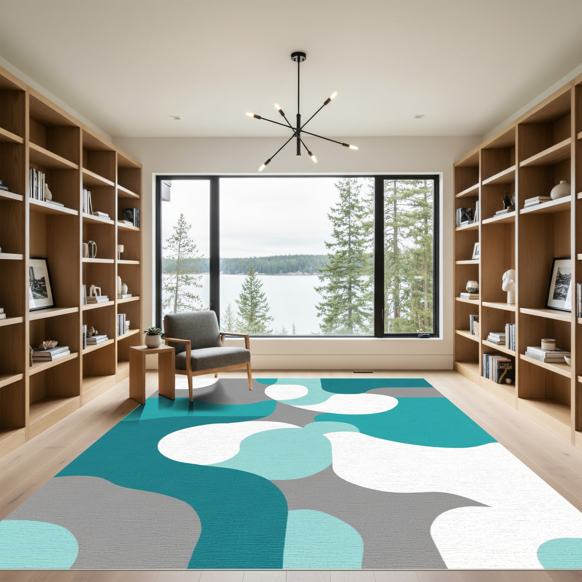 Teal Gray Abstract Organic Flow Rug