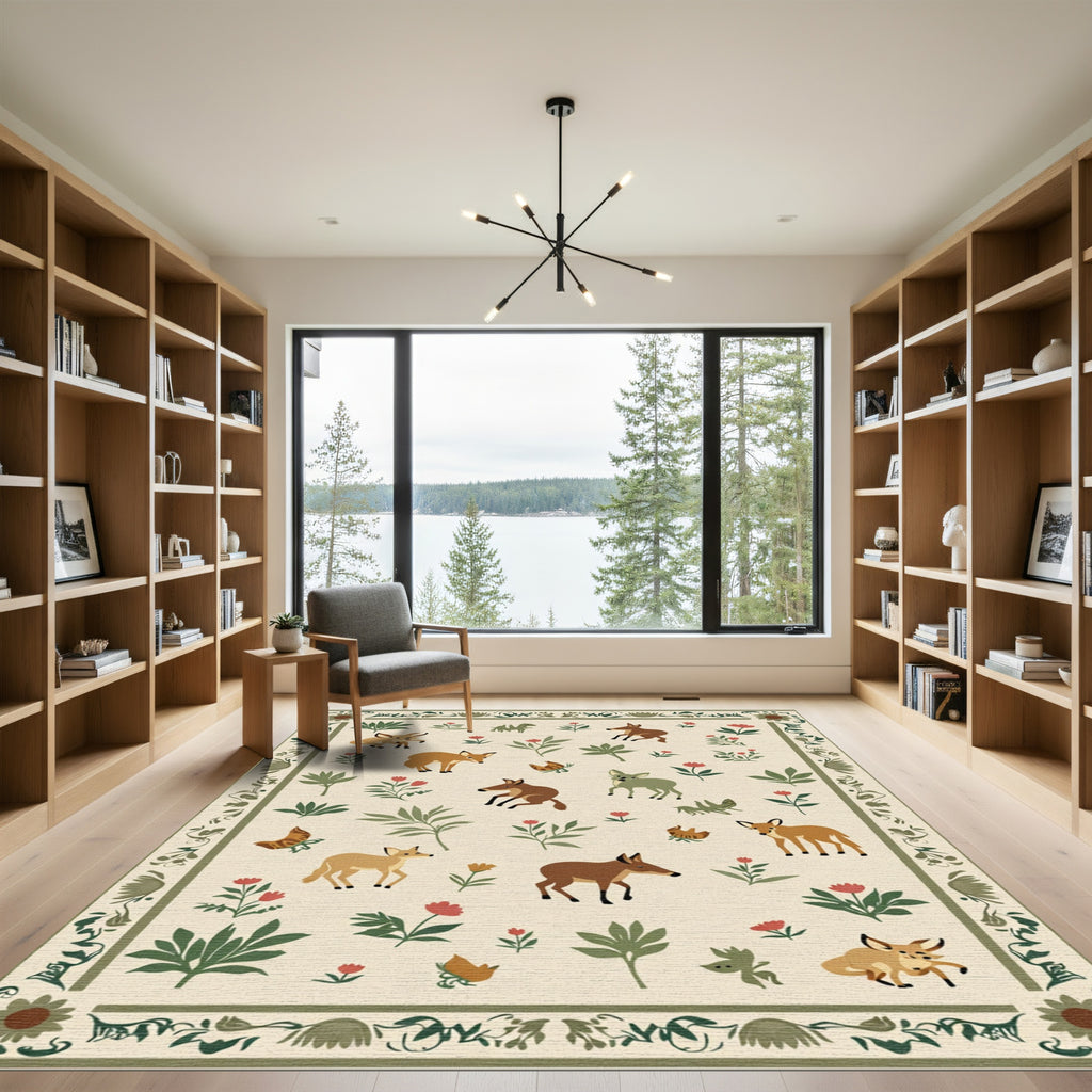 Whimsical Woodland Creatures Floral Meadow Rug