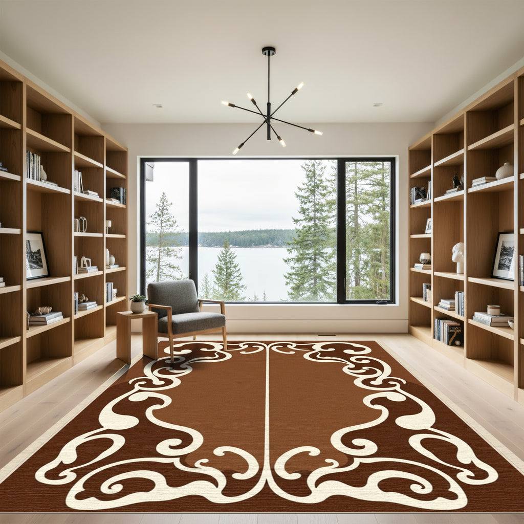 Cream Swirl Border Brown Rug