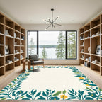 Teal Blue Floral Bird Garden Border Rug