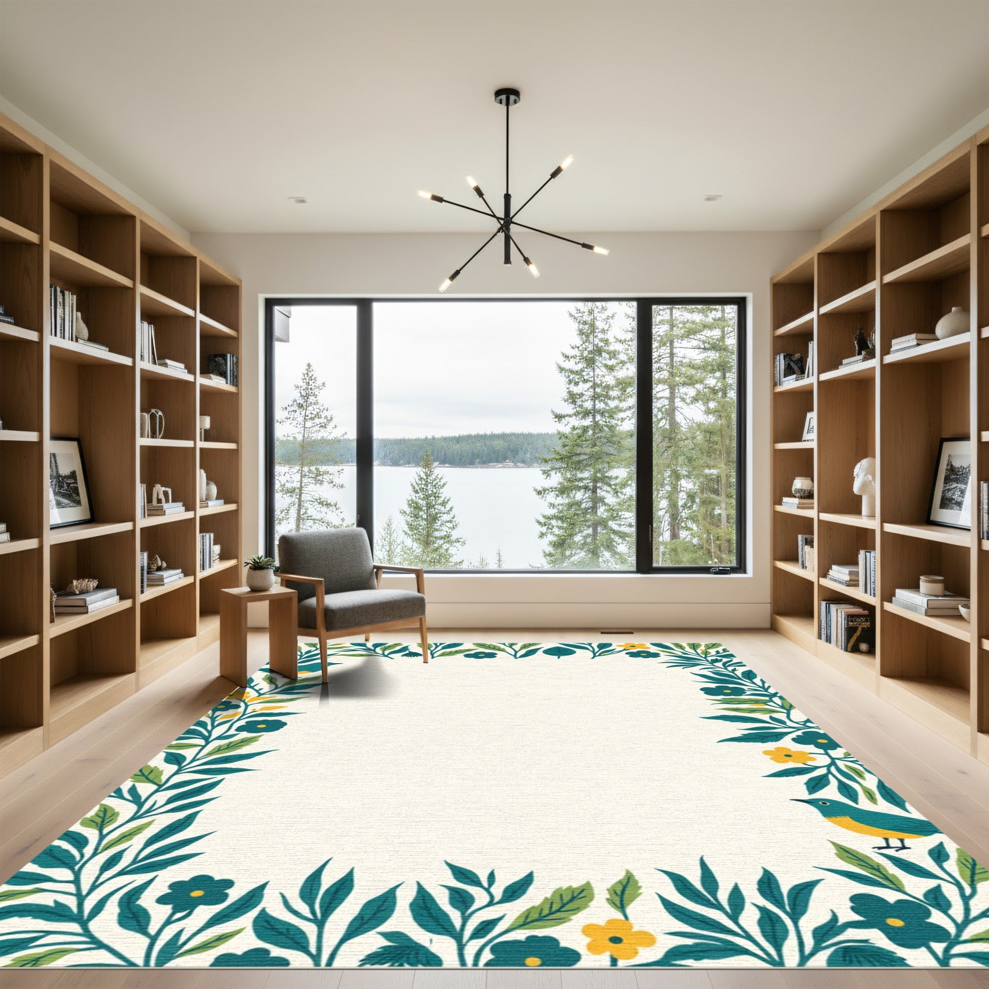Teal Blue Floral Bird Garden Border Rug