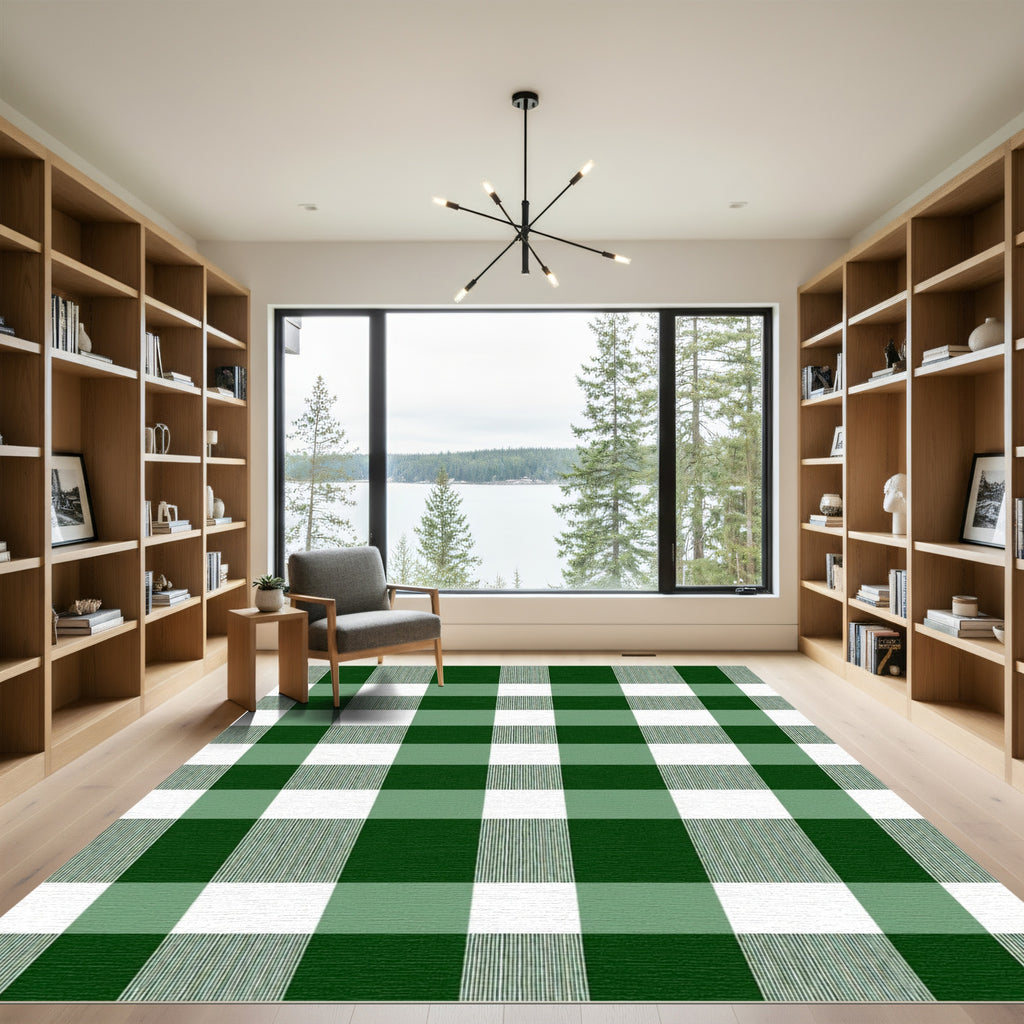 Forest Green White Gingham Checkered Rug