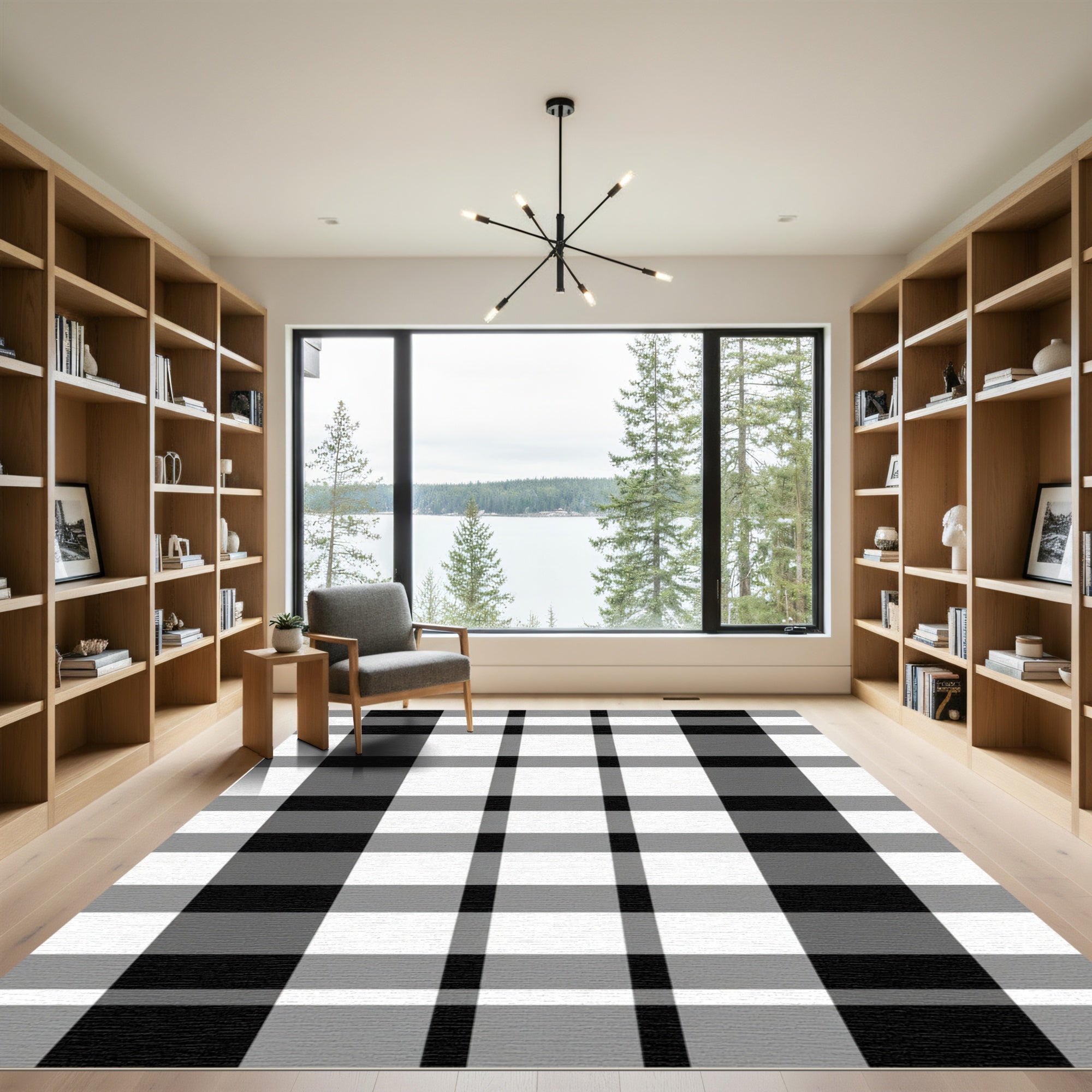 Bold Black White Plaid Overlay Rug