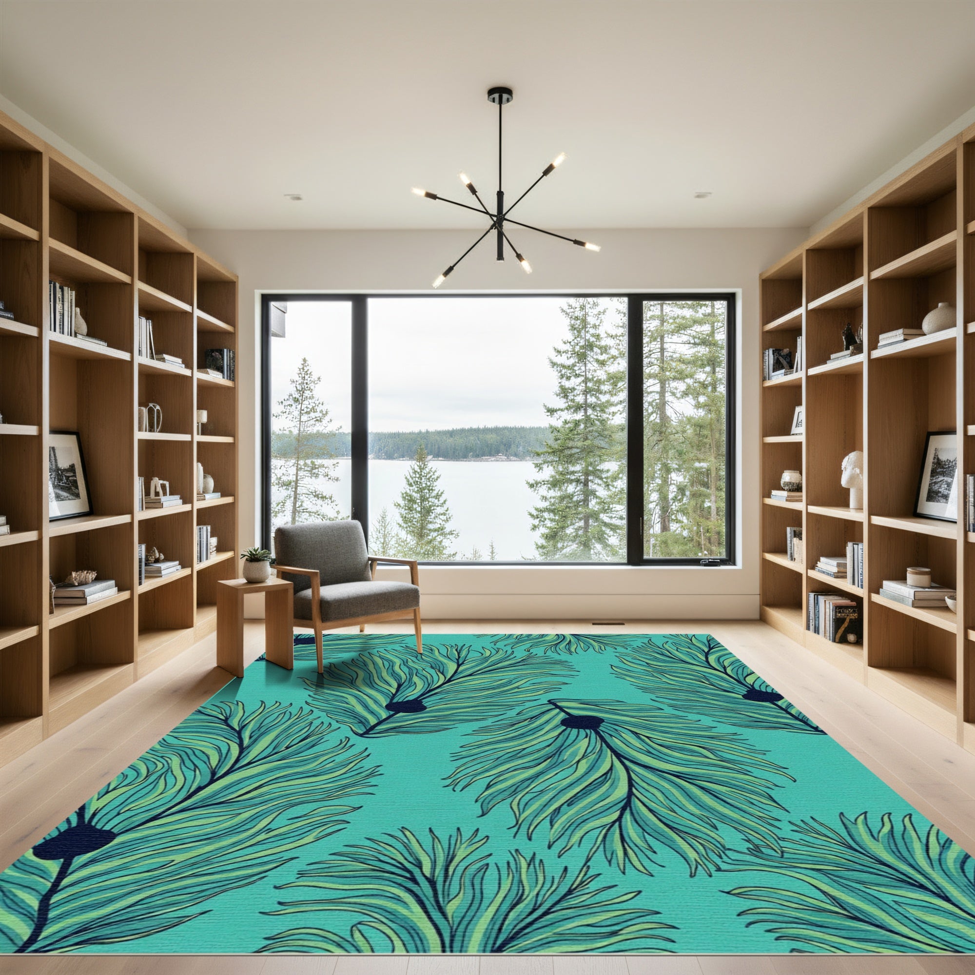 Teal Feathered Fern Organic Flow Rug