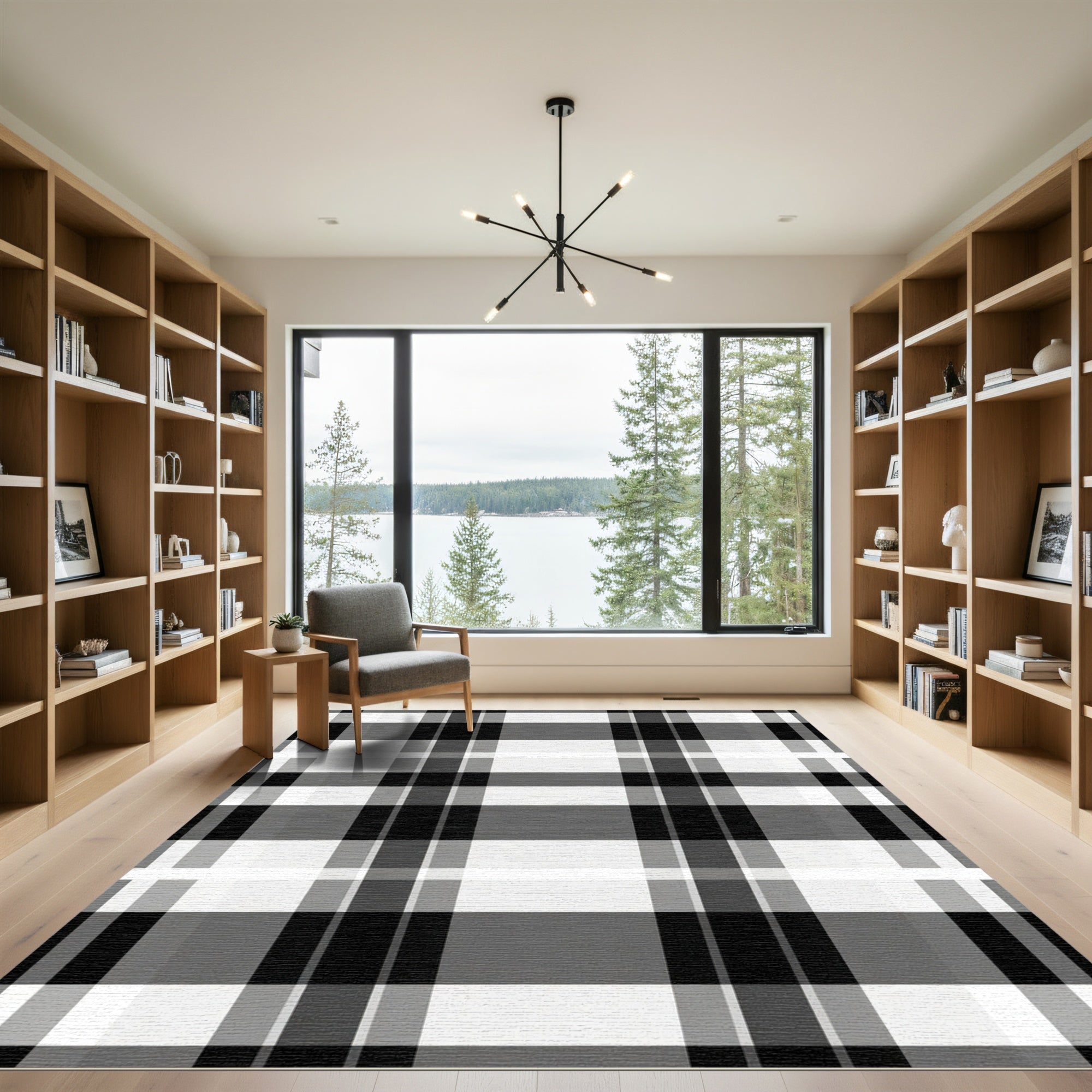 Classic Black White Plaid Stripe Rug