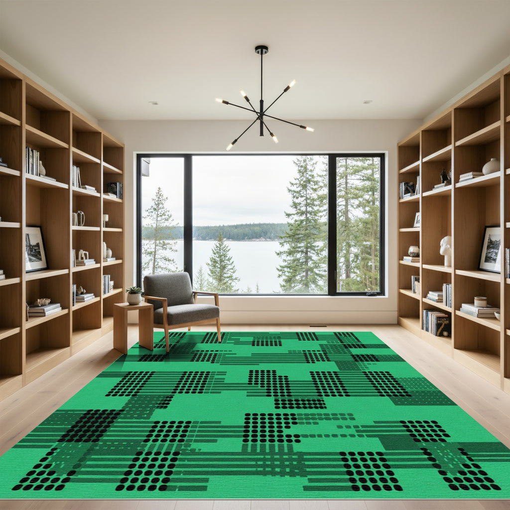 Green Black Dot Grid Abstract Rug