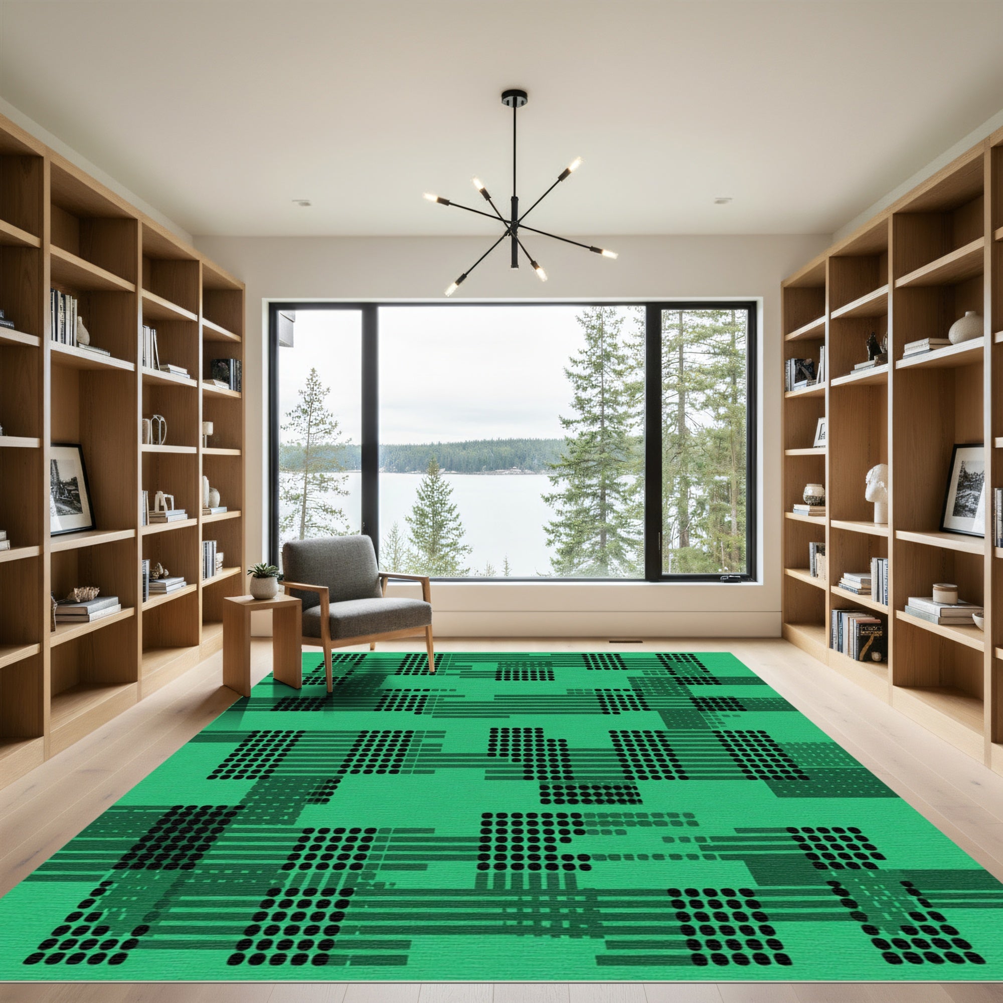 Green Black Dot Grid Abstract Rug