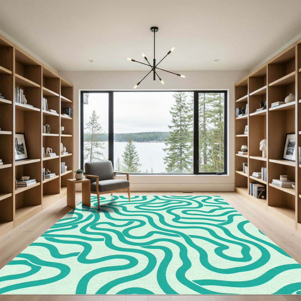 Teal Wavy Line Abstract Rug