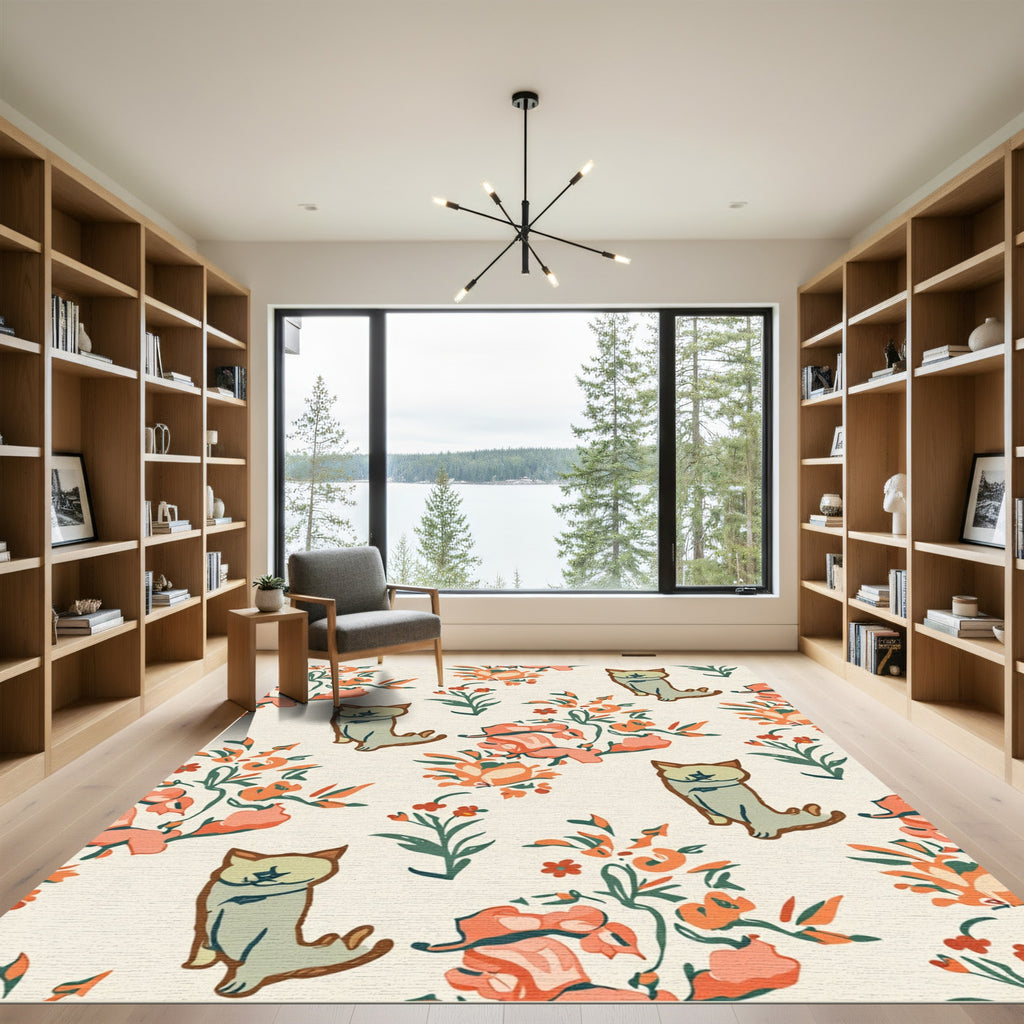 Whimsical Cat Floral Cream Rug