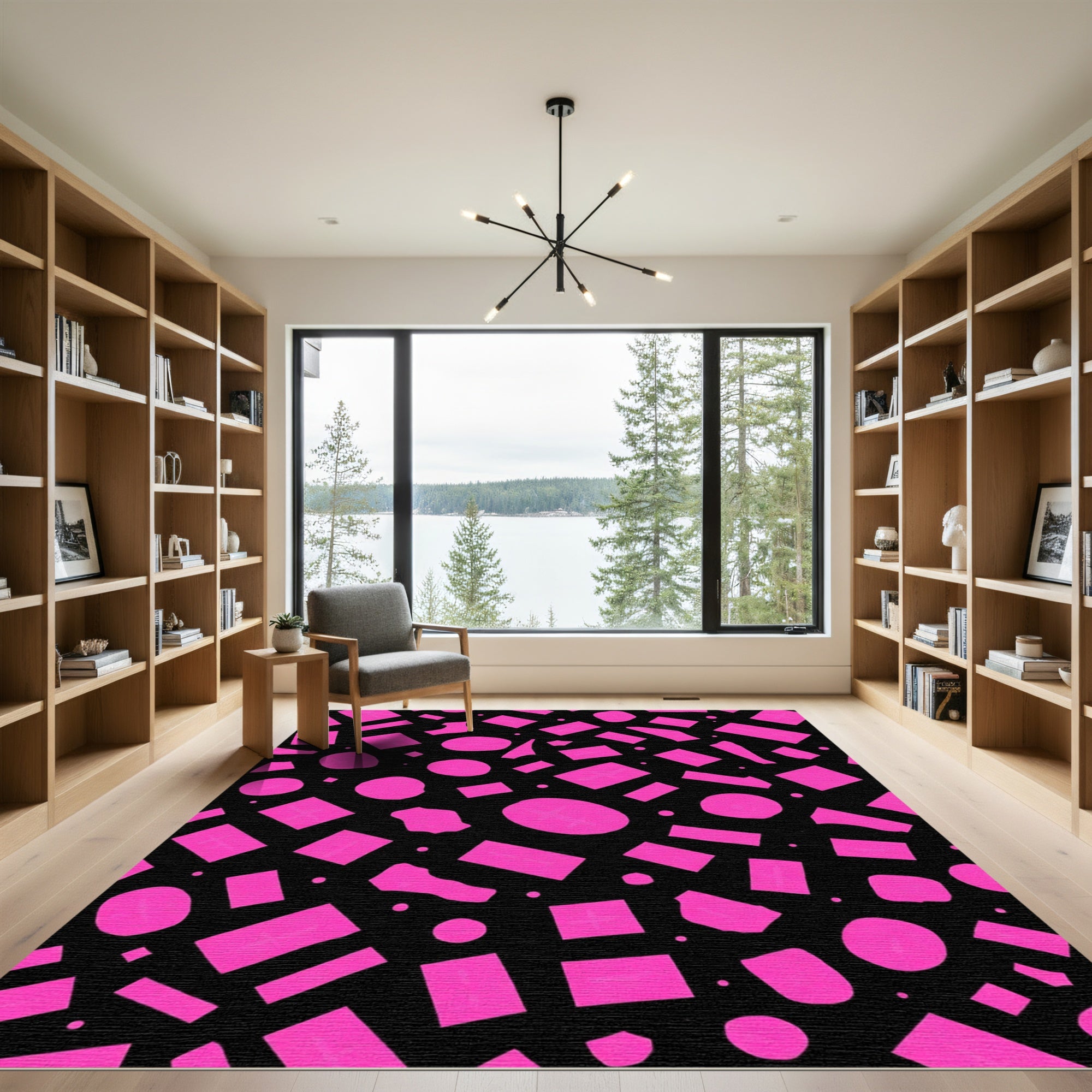 Bold Pink Abstract Shapes Black Rug