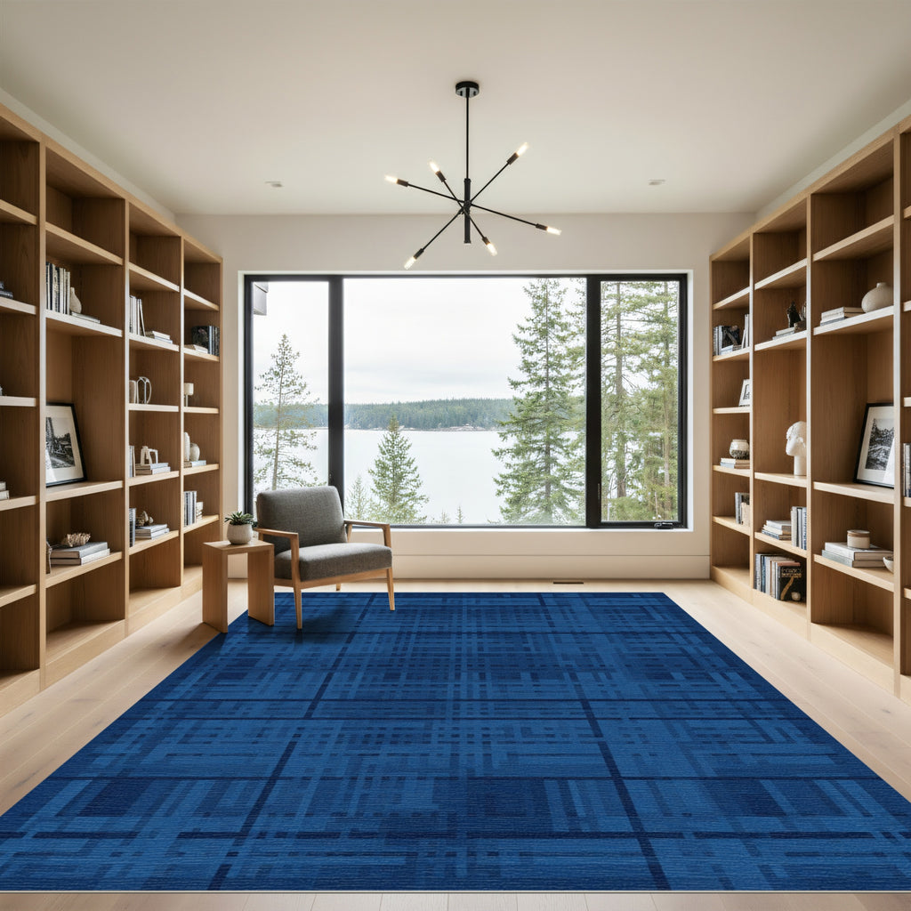 Deep Blue Tonal Plaid Texture Rug
