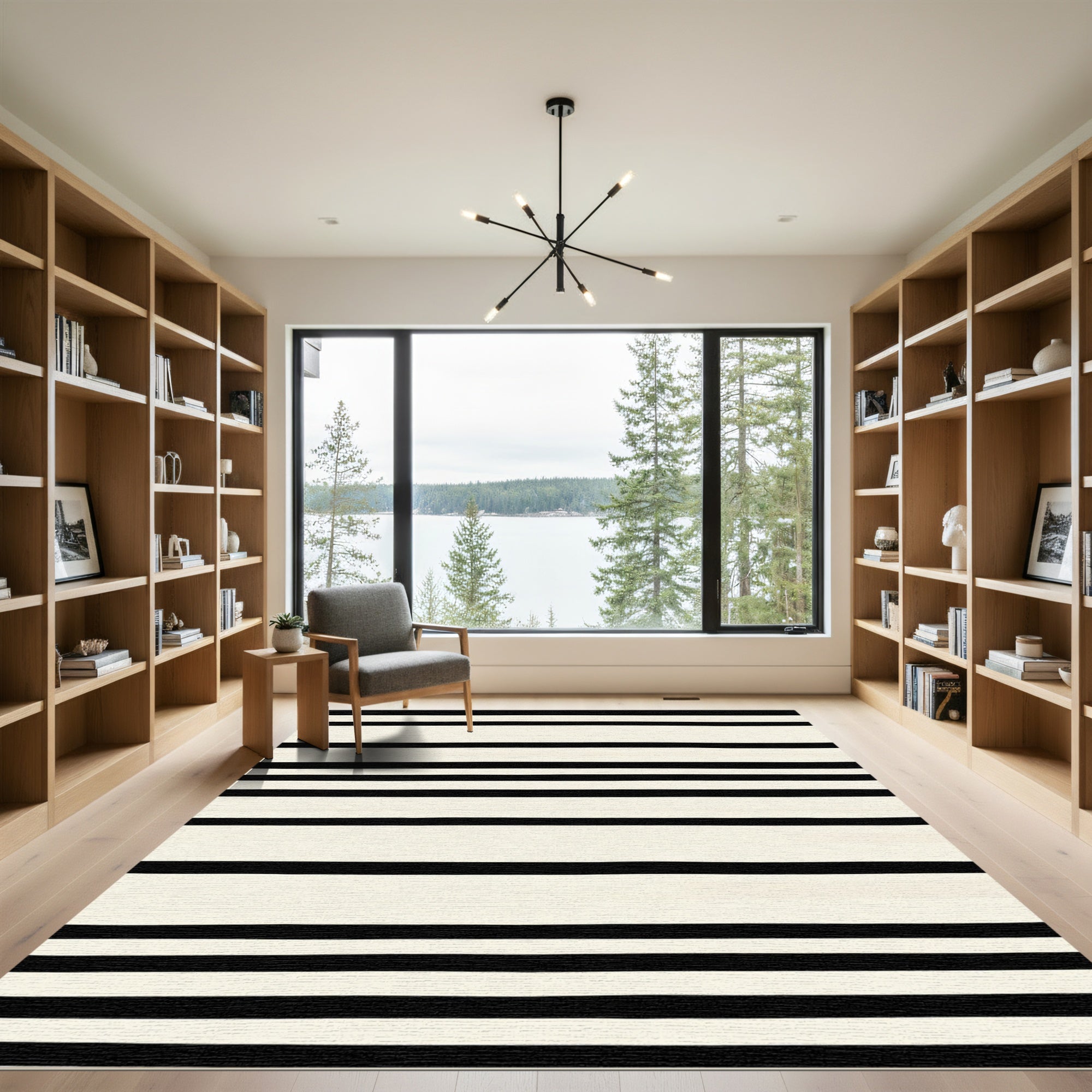 Cream and Black Horizontal Stripe Rug