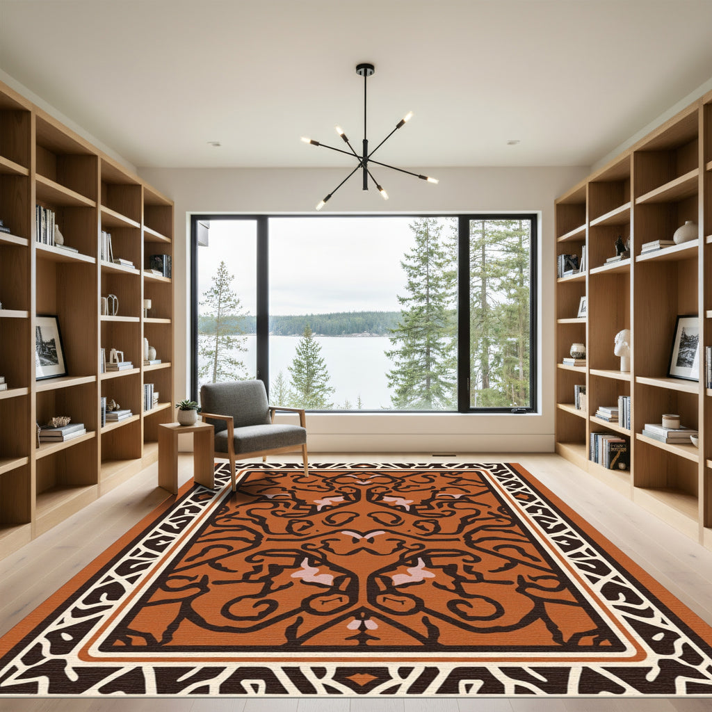Ornate Burnt Orange Scroll Border Rug