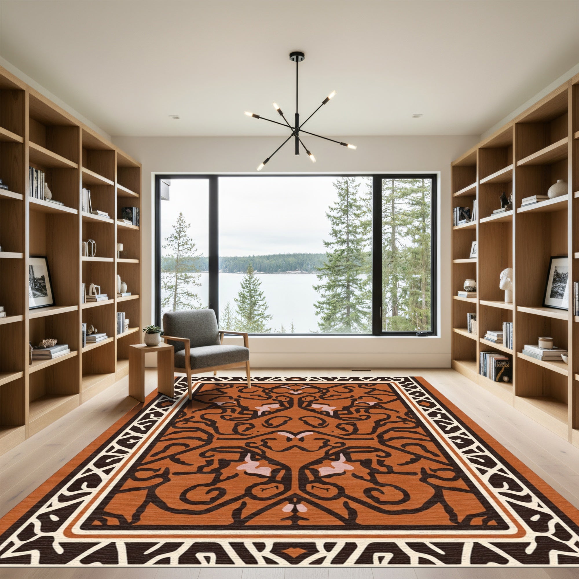 Ornate Burnt Orange Scroll Border Rug