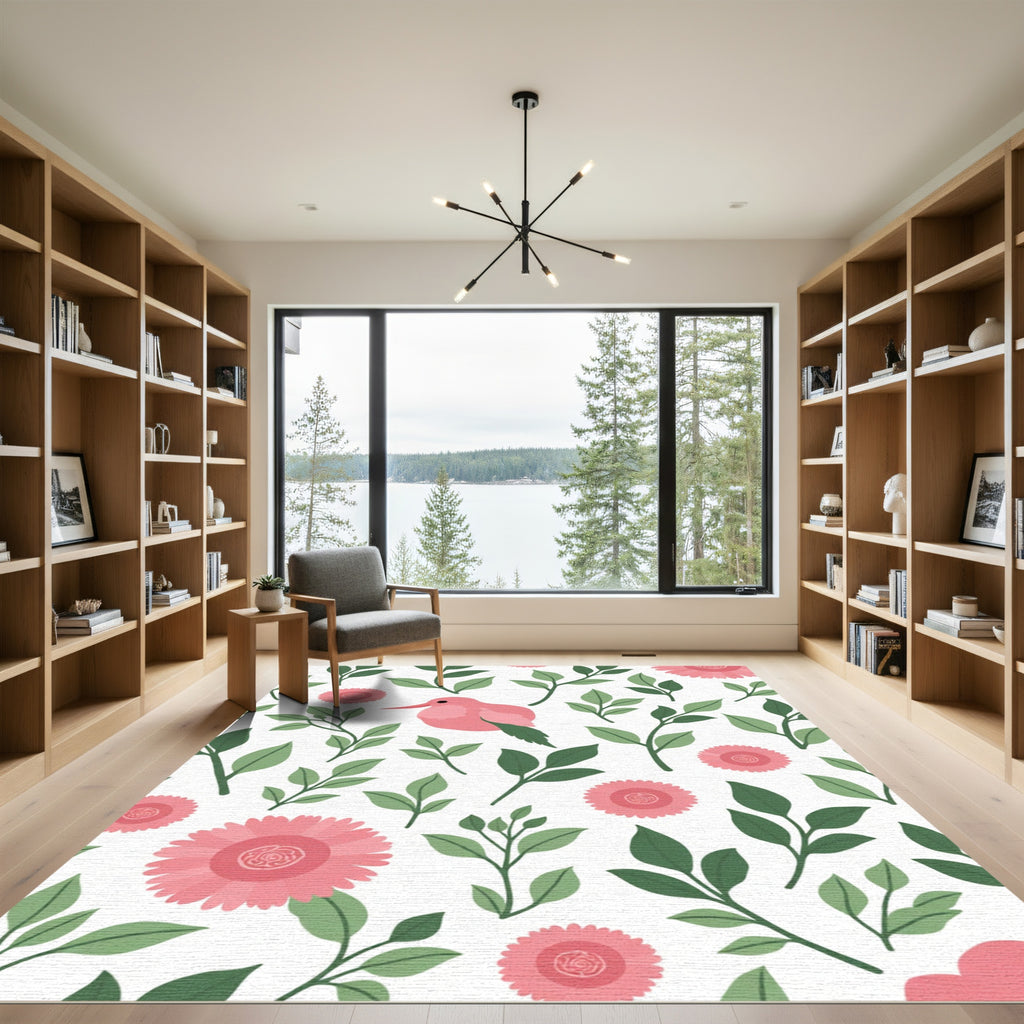 Pink Bird Green Foliage Floral Rug