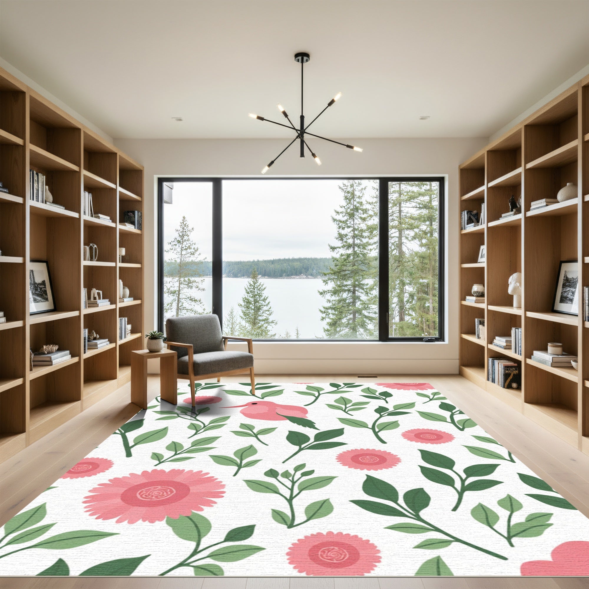 Pink Bird Green Foliage Floral Rug