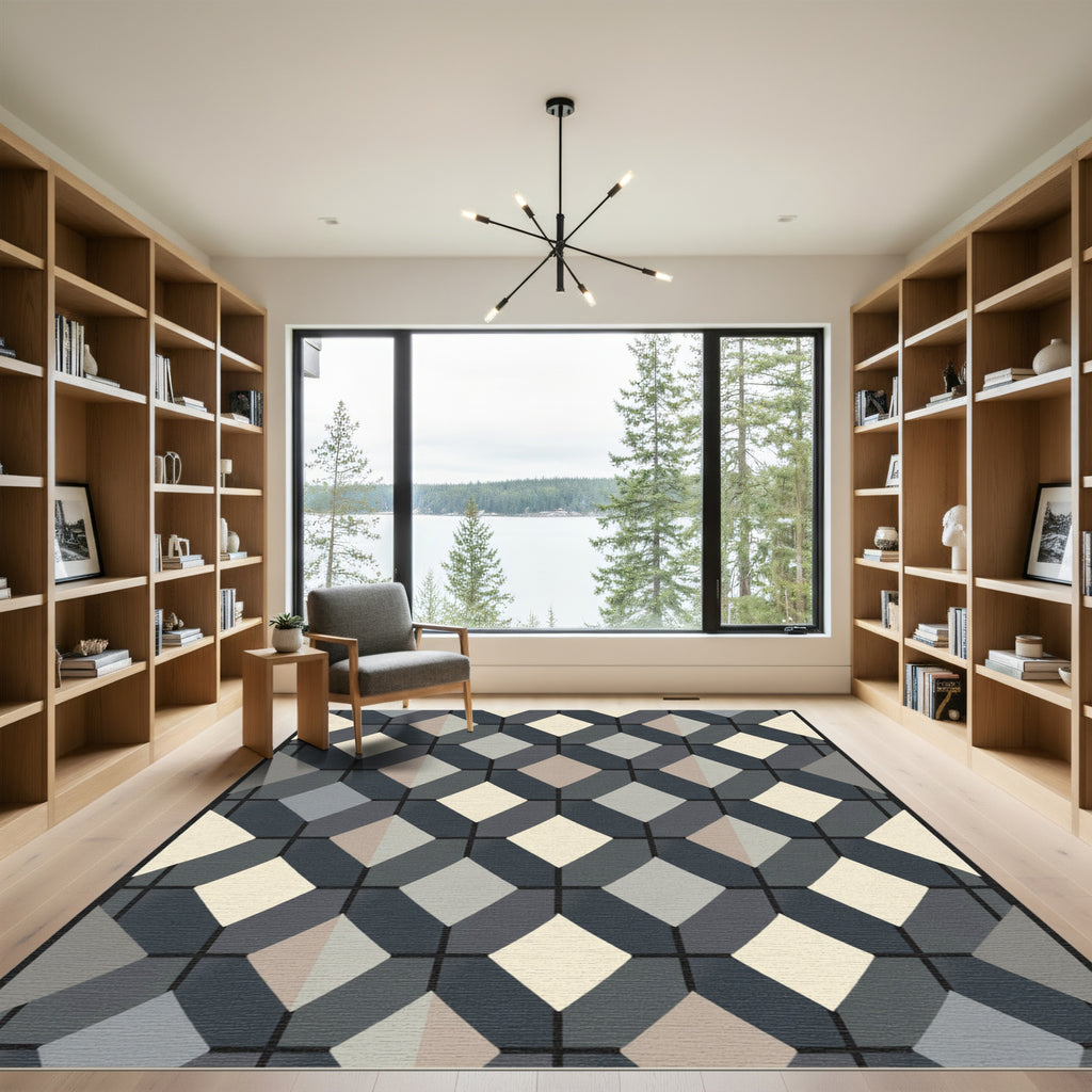 Gray Tan Diamond Geometric Grid Rug