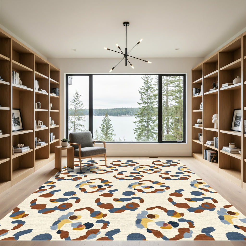 Abstract Ochre Blue Organic Shapes Rug