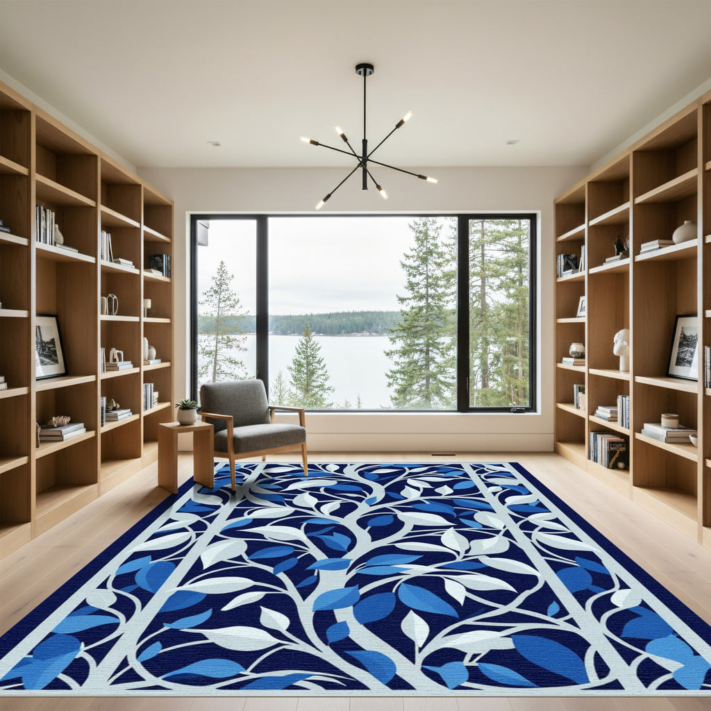 Deep Blue White Leafy Tree Branch Rug