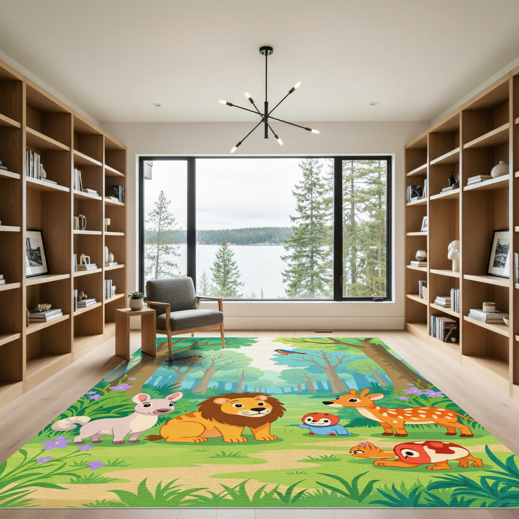 Whimsical Woodland Creatures Blue Bird Scene Rug