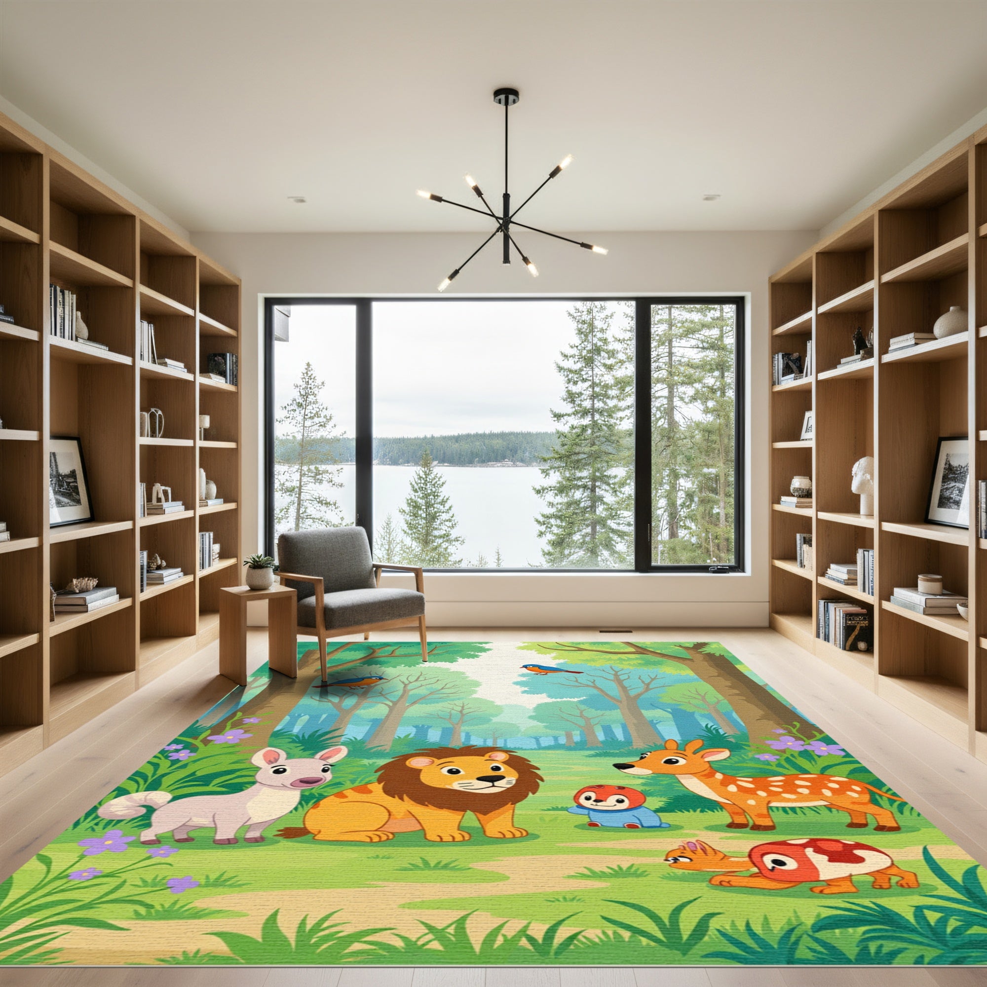Whimsical Woodland Creatures Blue Bird Scene Rug