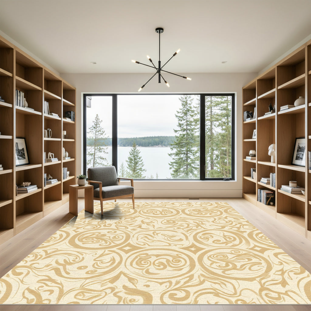 Gold Circles Swirling Vine Medallion Rug