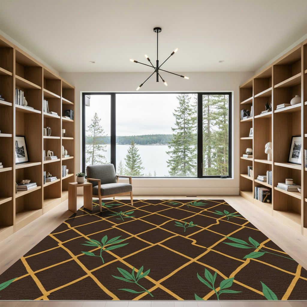 Brown Gold Lattice Green Leaf Rug