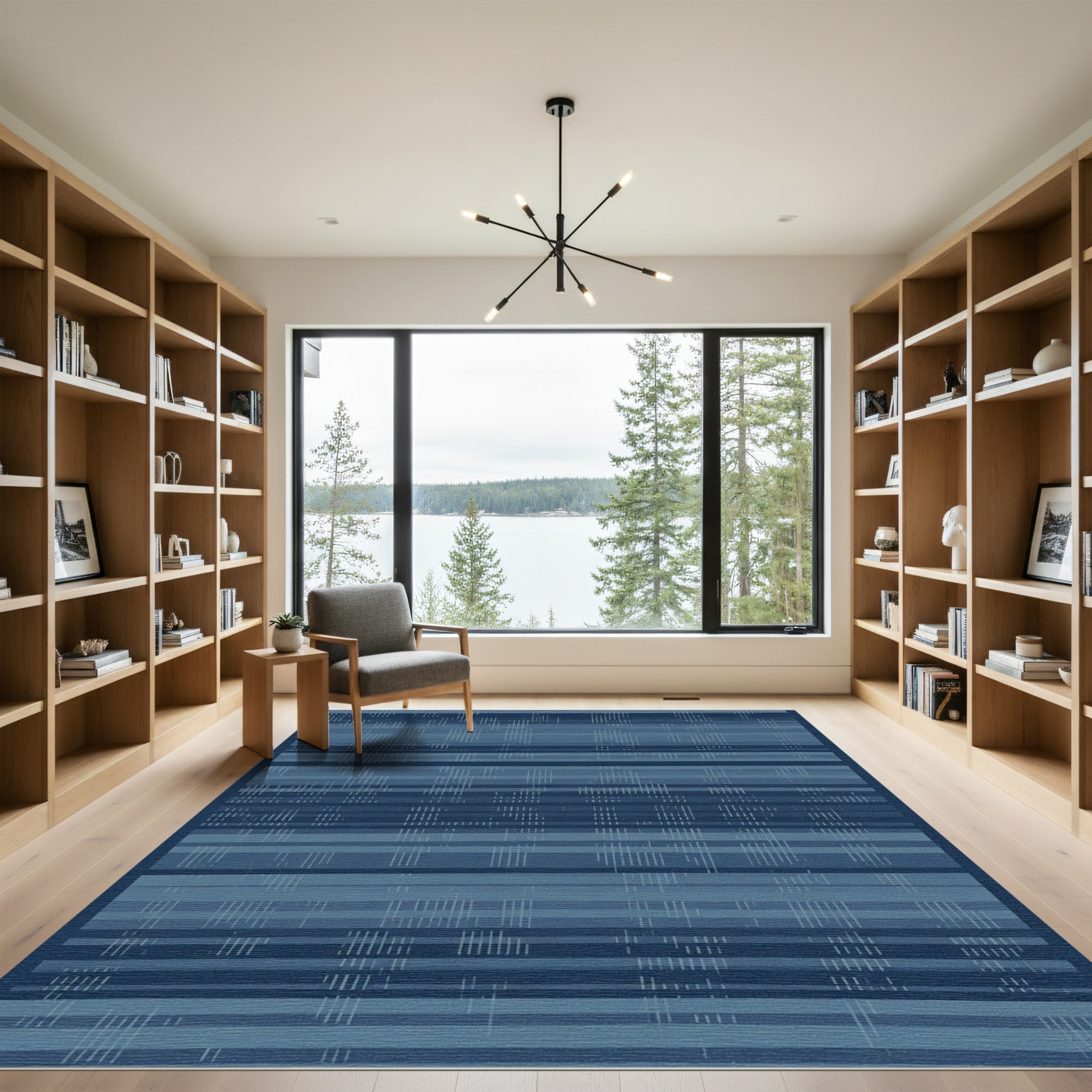 Deep Azure Striped Linear Texture Rug
